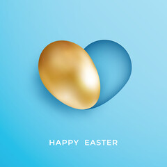 Realistic golden egg with heart shaped shadow on blue background. Minimalist style happy Easter banner