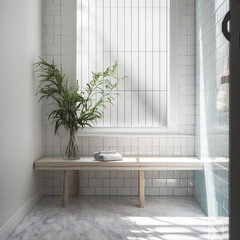 Marble vanity counter, shower bench in white subway tile wall modern luxury shower bathroom, reeded glass partition, plant in sunlight from backyard window for interior design product background 3D