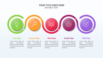 Timeline Infographic Presentation Template with Five Steps on a 16:9 Ratio for Business Presentations, Company Milestone, Finance Reports, and Web Design.