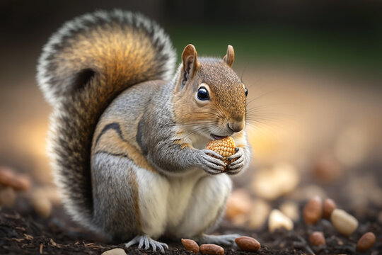 AI generated image of a cute squirrel eating some nuts. Squirrels are known for their love of nuts