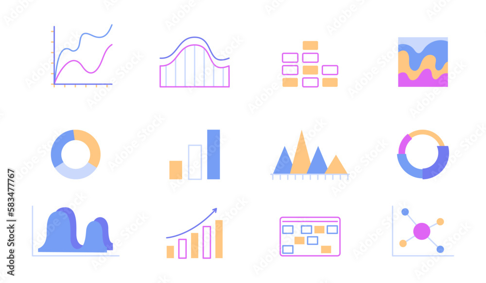 Poster diagrams, charts and graphs semi flat color vector icons bundle. editable images. full sized element