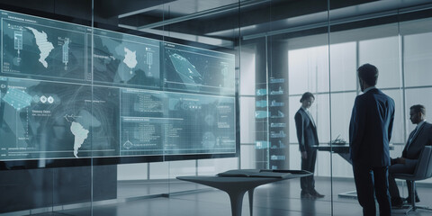 Business Meeting Results Analytics: Futuristic Presentation in a Glass Room. generative ai.
