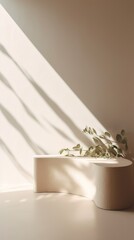 White cream cement curve counter podium. Minimal blank space. Soft beautiful dappled sunlight with leaf shadow on white wall. Generative AI.