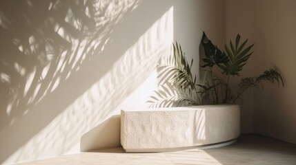 White cream cement curve counter podium. Minimal blank space. Soft beautiful dappled sunlight with leaf shadow on white wall. Generative AI.