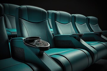 Traveling over turquoise cinema seat row with scree, generative AI