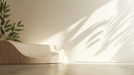 White cream cement curve counter podium. Minimal blank space. Soft beautiful dappled sunlight with leaf shadow on white wall. Generative AI.