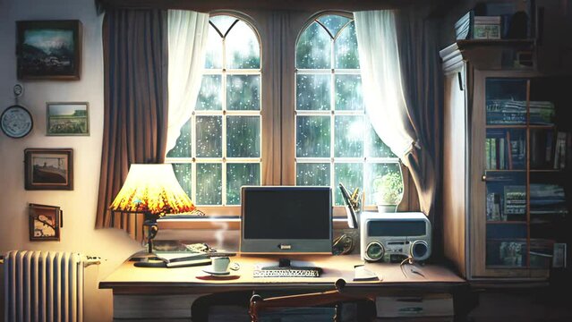 雨の日のデスク オフィス 仕事部屋 書斎 カフェ ループ シームレス