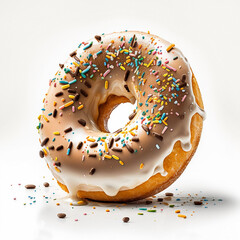 Round fried donut with sweet icing and multicolored sprinkles on a white background. Generative AI, generative artificial intelligence