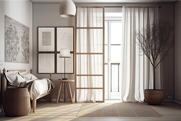 A vertical poster, a lamp, a book on a wooden stand, dried flowers in a wicker vase, linen curtains close to the balcony door, and a striped carpet on the parquet floor can be found in this room, whic