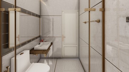 Luxury grey and gold toilet interior design 3d rendering