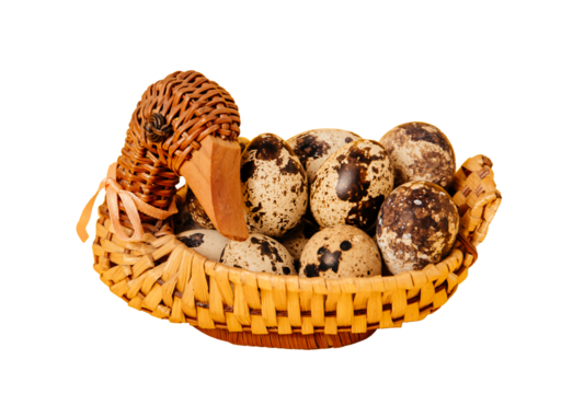 Easter holiday mockup design. Handmade duck shaped straw basket with marble quail eggs. Yellow background. Interior decor. Healthy organic food. Business card. Copy space. Empty text place. Postcard - Powered by Adobe
