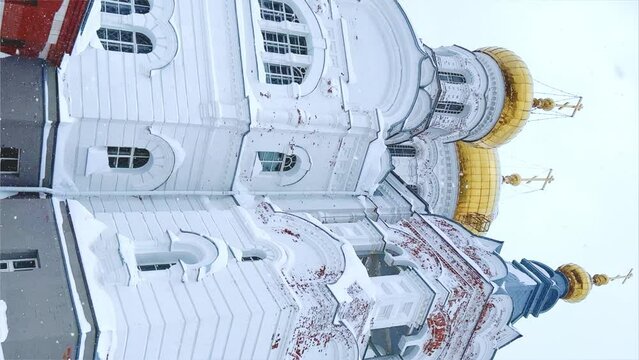 Belogorsky St. Nicholas Orthodox Missionary Monastery. Russia, Perm Krai, Belaya Gora. The temple on the hill in winter. Monastery on the background of snow. 4K