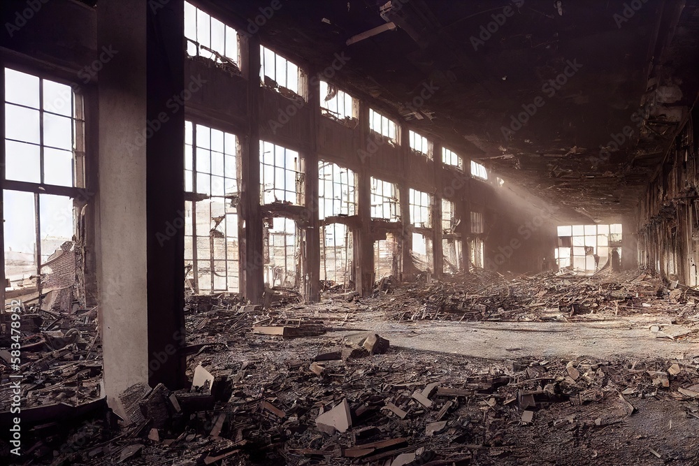 Canvas Prints Empty abandoned workshop of destroyed industrial buildings and factories., created with generative ai