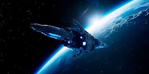 Spaceship flight. Starry sky and blue galactics.Generative AI