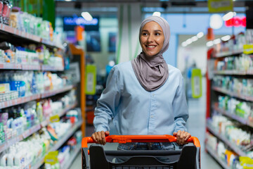 Portrait of successful satisfied woman shopper in supermarket, cheerful muslim woman in hijab with shopping trolley among shelves with goods looking at various shops.