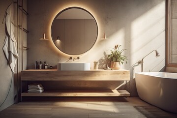 Bathroom interior corner with a circular mirror, concrete floor, tiled walls, and long sink counter. Toned picture. Generative AI