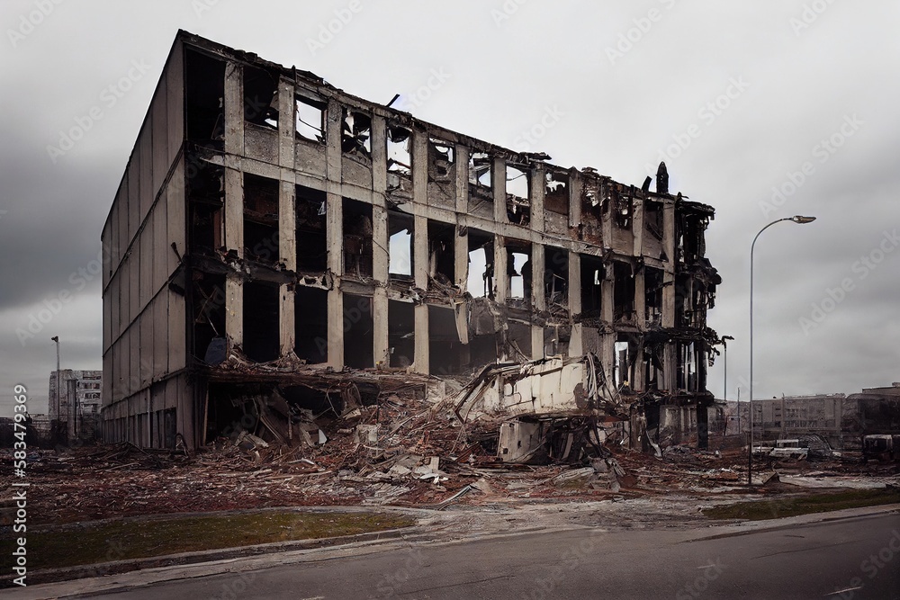 Wall mural Ruins of old factory and destroyed industrial buildings near road., created with generative ai