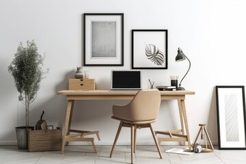 On a white wall, a picture frame is mounted. Generative AI