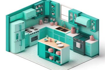 3D isometric contemporary style modern kitchen concept turquoise, generative AI