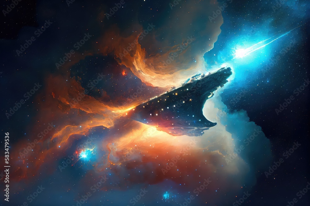 Canvas Prints spaceship floating past nebula, with stars shining in the background, created with generative ai