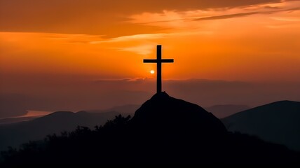  Silhouette of crucifix cross on mountain at sunset sky background. Christian Easter illustration.