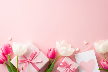 Mother's Day celebration concept. Top view photo of gift boxes with ribbon bows pink and white...