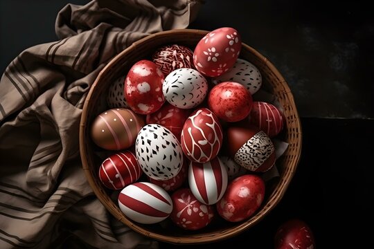 Red and white decorated Easter eggs painted by hand on a dark background, Easter, stylish minimal composition, flat lay