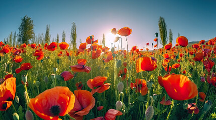 Natural wild landscape with poppy flower field in bloom. generative ai