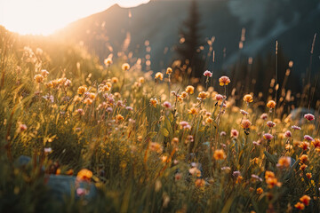 Wild meadow with herbal flowers in alpine mountains. generative ai