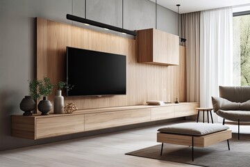 TV cabinet in contemporary living room with wooden wall décor as background. Generative AI
