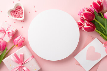 Mother's Day concept. Top view photo of white circle gift boxes bouquet of pink tulips heart shaped saucer with sprinkles and envelope with letter on isolated pastel pink background with copyspace