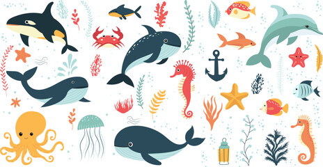 set of sea animals, fish, whales, octopuses