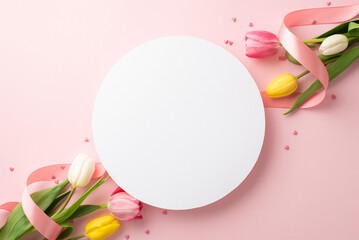 Mother's Day concept. Top view photo of white circle bunches of colorful tulips silk ribbon and sprinkles on isolated pastel pink background with blank space