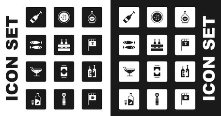 Set Bottle of cognac or brandy, Pack beer bottles, Dried fish, Opened wine, Street signboard with Bar, Alcohol 21 plus, Bottles and Cocktail icon. Vector