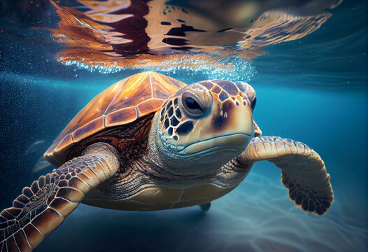 wide angle photography of turtle in a clear blue water,, hyper detailed, ultra smooth, natural lighting, cinematic lighting, dramatic lighting, extreme resolution, octane render, 3 Generative AI