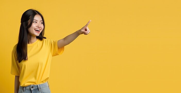 Young Girl Pointing to Copy Space o a Yellow Background (Generative AI)