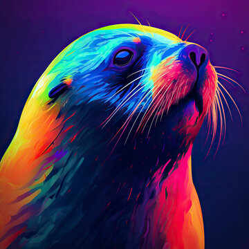 Fur seal in neon colors. Generative AI.