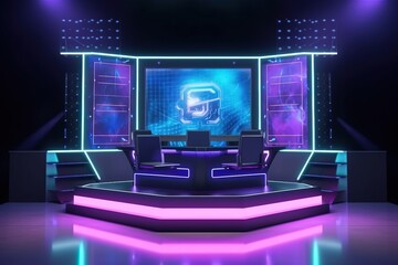 A futuristic TV set for broadcasting an esport event. Gaming style with neon and LEDs. Big HUD and screens. Generative ai