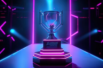 A esport concept trophy for an esports tournament winner. Futuristic concept with neon and a podium. Generative ai