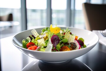 A healthy salad served in a luxury restaurant. Concept: Healthy and vegetarian options in restaurants. 