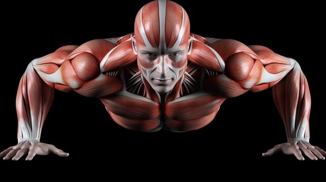 Human anatomy during a push-up, showing the muscles used such as pectoralis major, triceps brachii, and deltoids. Effective upper body strength training example. Generative AI