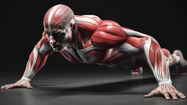 Human anatomy during a push-up, showing the muscles used such as pectoralis major, triceps brachii, and deltoids. Effective upper body strength training example. Generative AI