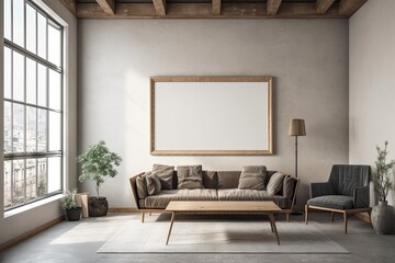 An empty poster template is displayed on the wall in the room's interior. Large windows and a sofa. Generative AI