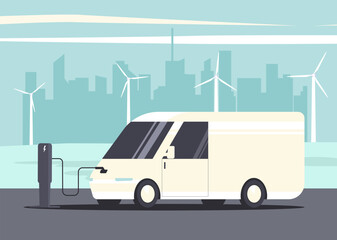 Electric light commercial van charging on abstract cityscape background. Vector illustration.