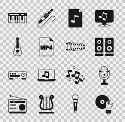 Set DJ playing music, Microphone, Stereo speaker, MP3 file document, MP4, Guitar, Music synthesizer and Xylophone icon. Vector