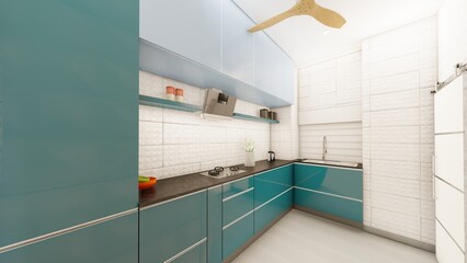 Kitchen realistic interior design 3d rendering with teal green cabinets - obrazy, fototapety, plakaty
