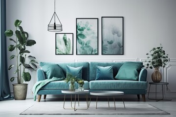 Decoration of a blue sofa pillow and blanket, a green and white color scheme, a coffee table style with a lamp plant, and an interior design idea. Generative AI