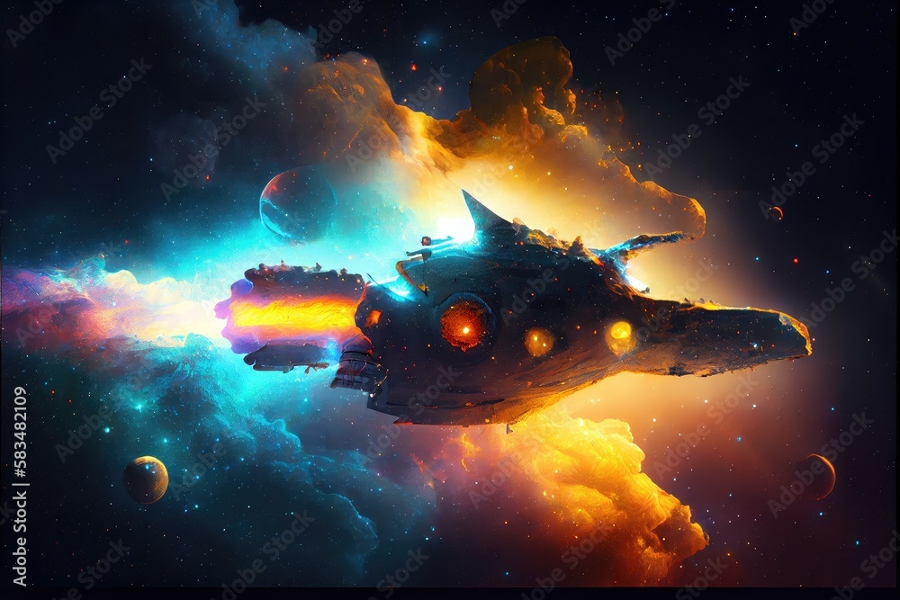 Canvas Prints futuristic spaceship traveling through nebula with colorful and shimmering stars, created with generative ai