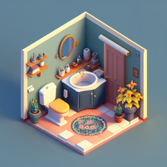 Powder room open inside interior architecture. 3d isometric view. AI Generated.