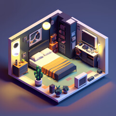 Bedroom open inside interior architecture. 3d isometric view. AI Generated.